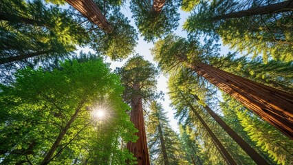 Looking up through tall trees in sunlight