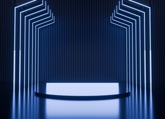 Futuristic Stage with Glowing Neon Lights and Pedestal for Product Display Podium
