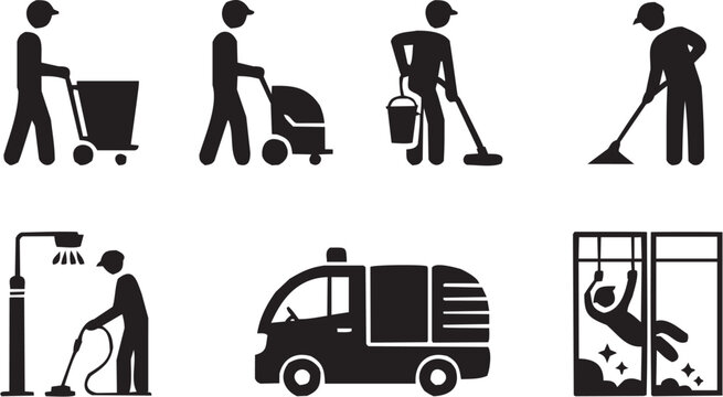 Sanitation service icon set. Vector glyph pictograms of vacuum cleaner, janitor cart, service van, hygiene symbol, cleaning mark black silhouette