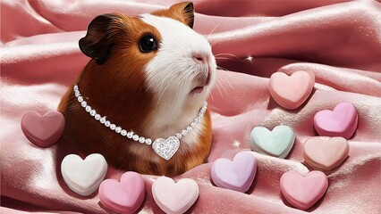Delightful guinea pig adorned with a dainty heart necklace nestled among colorful candy hearts on luxurious pink satin blanket, featuring a curious wide-eyed expression with magical sparkles in whimsi