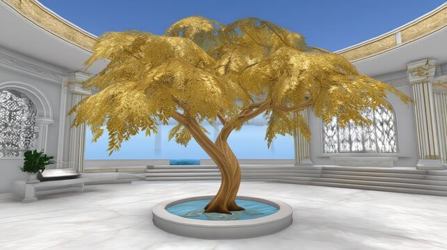 Deus ex machina garden with self-aware plant AI, enshrined in a post-human shrine, radiating golden code-light, in sacred geometry and holy white. Sci-fi transcendence, divine aesthetic.