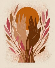 Hands Among Plants Warm Tone Sun Background Inclusion and Natural Connection Concept Illustration

