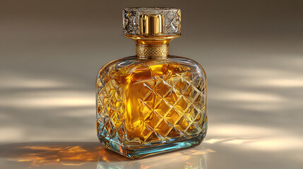 Luxurious golden liquid perfume bottle with a textured glass design and ornate gold cap, elegant fragrance product