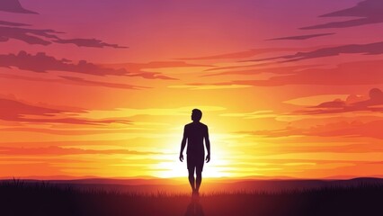 Solitary figure journeying towards the vibrant horizon under a breathtaking gradient sky