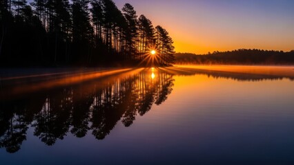Sunrise over lake with silhouetted trees reflecting in water