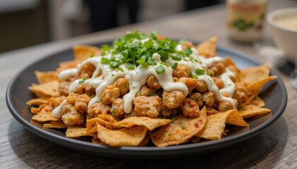 An elevated view of chicken tortilla nachos with cream sauce on top, intended for culinary exhibition
