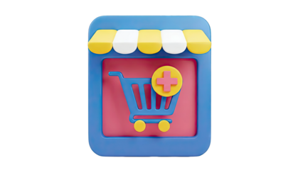 3D Shopping Cart Icon with Plus Symbol