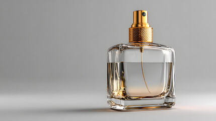 sleek square glass perfume bottle with ribbed gold cap and golden straw, modern fragrance packaging, minimalist product display