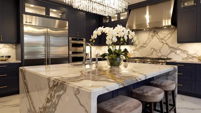 Upscale kitchen interior with marble island and custom cabinets - A beautifully designed, upscale kitchen features a large marble island with seating, custom navy blue cabinets, stainless steel