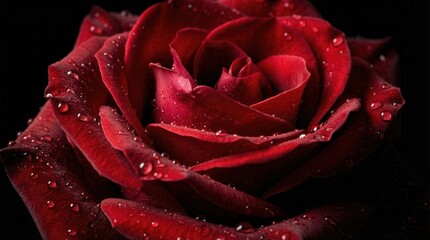 Close-up of a Red Rose with Dew Drops on Black Background