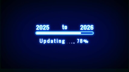 Electric blue neon progress bar indicating 39 percent updating from 2025 to 2026 on a deep blue background with subtle glowing effects