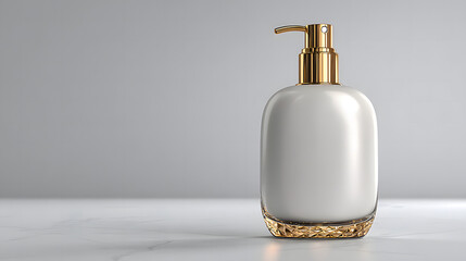 Luxurious white dispenser bottle mockup with shiny golden pump mechanism and textured base standing on elegant marble countertop