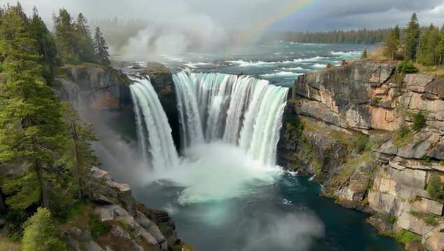 Cinematic 4K aerial footage of Shoshone Falls Idaho capturing misty waterfall cauldron birds flying rainbows forming natural light ideal nature landscape travel stock 