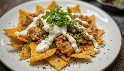 An elevated view of chicken tortilla nachos with cream sauce on top, intended for culinary exhibition