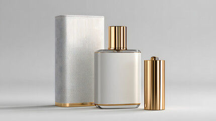 Luxury rectangular perfume bottle set with golden rollerball atomizer standing beside tall textured white presentation gift box mockup and copy space