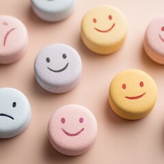 Warm Tone Emoji Round Objects Mixed Smile and Sad Expressions Emotional Management and Mental Health Concept

