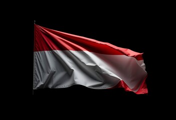 Red and white flags alongside red and black flags flutter on poles against a blue sky as a patriotic national symbol of a country and its state emblem waving in the wind