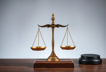 A golden 3D brass scale of justice stands as a legal symbol of equality and law, representing the libra concept used by a judge or lawyer to weigh crime and measurement in court