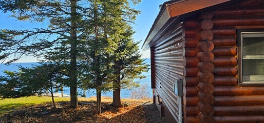 Log Cabin with Water and Evergreen Tree Views