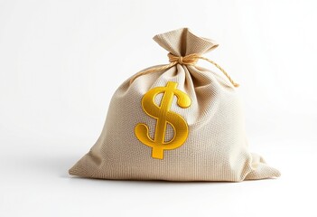 A full burlap sack of gold coins and paper currency serves as a brown canvas moneybag symbol representing business wealth, finance investment, and bank savings in a gift of cash