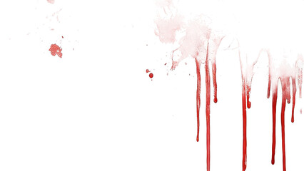 Abstract image of red blood drips and splashes on a white background, rendered in a watercolor art style with fluid, dripping patterns and splattered stains.