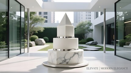 wedding cake in modern minimalist architectural space symbolizing luxury branding and contemporary corporate elegance