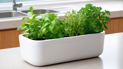 Fototapeta premium Sleek countertop hydroponic garden with smart moisture sensors, placed in a modern kitchen, under soft ambient grow lights, in a cool grey and mint green scheme. Clean tech aesthetic, ultra-realistic