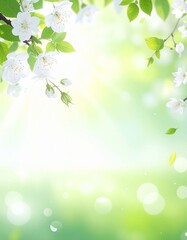 新緑&times;白い花のフレッシュ春背景（木漏れ日・グリーンボケ・やわらか光）