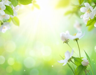新緑&times;白い花のフレッシュ春背景（木漏れ日・グリーンボケ・やわらか光）