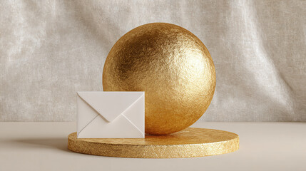 A golden sphere and a white envelope on a pedestal, representing communication and wealth. The scene exudes elegance and sophistication