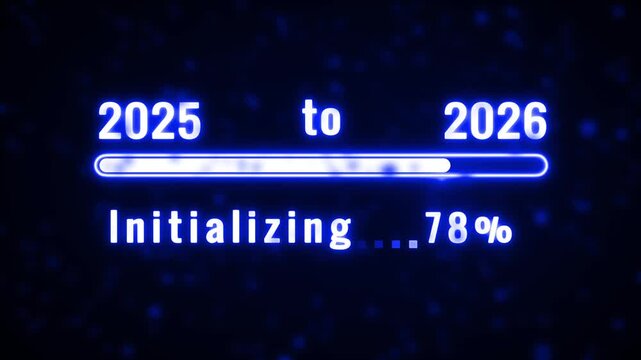Bright blue neon progress bar showing 39 percent initializing from 2025 to 2026 against a dark blue background with sparkling blue light particles