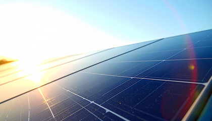 Solar Panels in Bright Sunlight: Capturing the beauty of sustainable energy, this image showcases a collection of solar panels bathed in bright sunlight under a clear, cloudless sky.