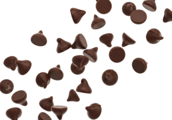Dark brown chocolate chips, conical and disc-shaped, glossy-matte, dynamically scattered and frozen in mid-air against a transparent background, abundant negative space, appetizing concept for food