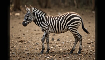 Fototapeta premium A young, striped zebra on the ground, illustrating the stages of animal development