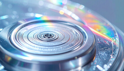 Data storage device: Capturing the intricacies of technology. Close-up shot, revealing the detailed textures and holographic light effects. It's a symbolic image of information and the digital age.
