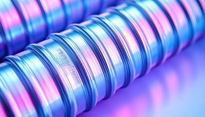 Metallic Pipes Abstract: A close-up shot revealing a collection of metallic pipes, the textures of the tubes, bathed in hues of purple and blue, creating an industrial, abstract composition.