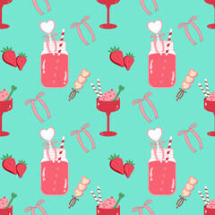 Valentine's Day seamless pattern with strawberry juice jars and pink desserts