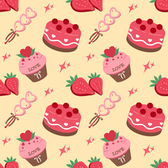 Valentine's Day seamless pattern with cherry chocolate cake, love cupcakes, and fresh strawberries
