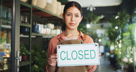 Entrepreneur, closed sign or portrait of woman by nursery door, service communication or info for customer. Garden center, availability message or business owner by entrance, notice board or day end