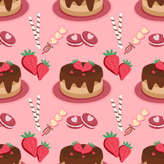 Valentine seamless pattern featuring chocolate cake, marshmallows, and macarons on pink background