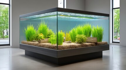 Biophilic hydroponic divider with integrated air purification, set in a contemporary workspace, under naturalistic full-spectrum lighting, in jungle green and matte black. Minimal yet functional,