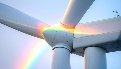 Renewable Energy's Spectrum: A wind turbine's blades glisten, intersected by a radiant rainbow, symbolizing sustainable power in harmony with nature.