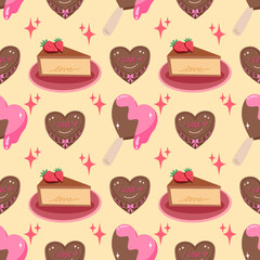 Valentine's Day seamless pattern with heart-shaped chocolate cake and ice cream popsicles.