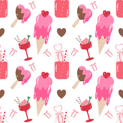 Valentine seamless pattern with pink ice cream cones, ice cream sundaes, and cute drinking glasses