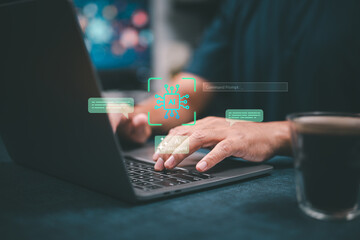 Person typing on laptop with AI assistant and chat interface concept