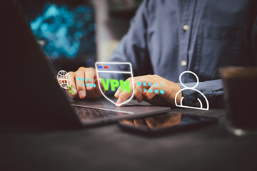 Person Using Laptop with Virtual VPN Security Interface