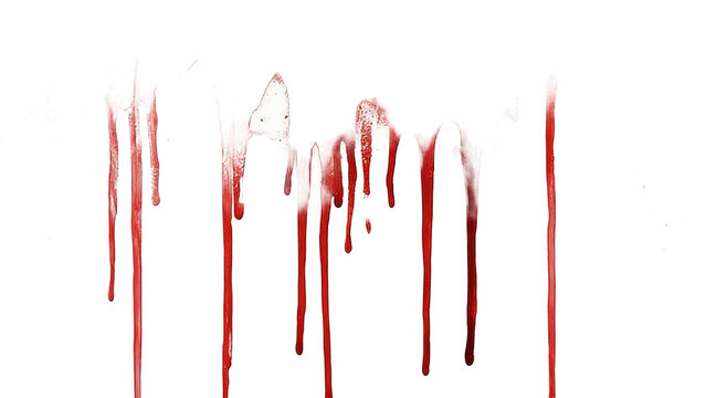 Illustration of red blood dripping down a white background, showcasing abstract art with splatters and stains, evoking themes of horror and violence.