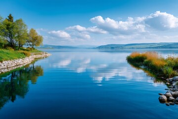 Fototapeta premium Serene lake water reflecting blue sky and clouds