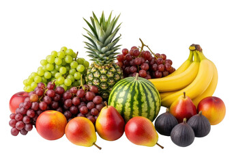 A vibrant assortment of fresh green and red grapes, pineapple, watermelon, bananas, peaches, pears, and figs, arranged on a transparent surface with copy space, soft studio light. Concept of