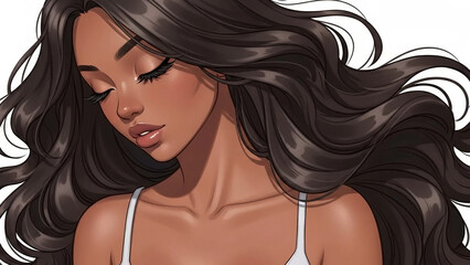 Serene African American woman with eyes closed and curly hair: Design for wellness apps, skincare branding, and social media avatars.